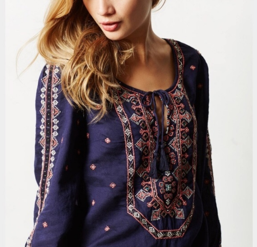 Anthropologie Navy Embroidered Peasant Blouse with Pink Accents